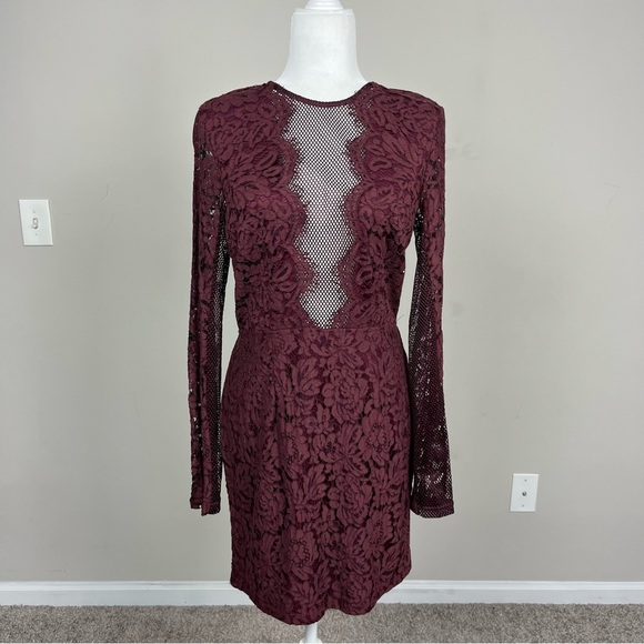 TOBI RAVEN WINE LACE BODYCON LONG SLEEVE MINI DRESS PLUNGE ILLUSION NECK LARGE - Picture 4 of 16